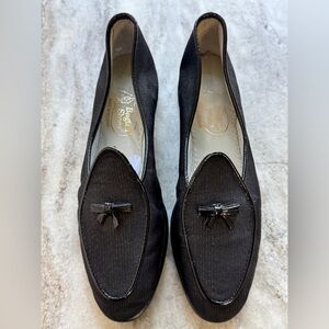 Belgian Shoes Midinette Slippers Black Textile w Gold Loafers 7 Flats $750